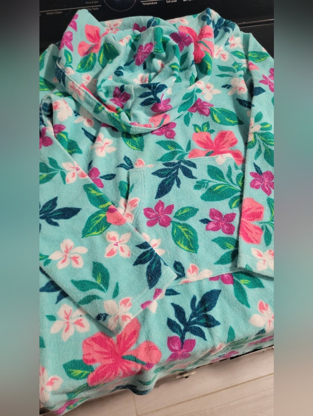 Lands End Girls Hooded Swimsuit Coverup Size M 8 Aqua Pink Hibiscus Flower